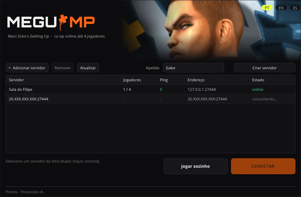 O MEGU_MP Launcher: lista de servidores com jogadores e ping, apelido, Criar servidor e Conectar
